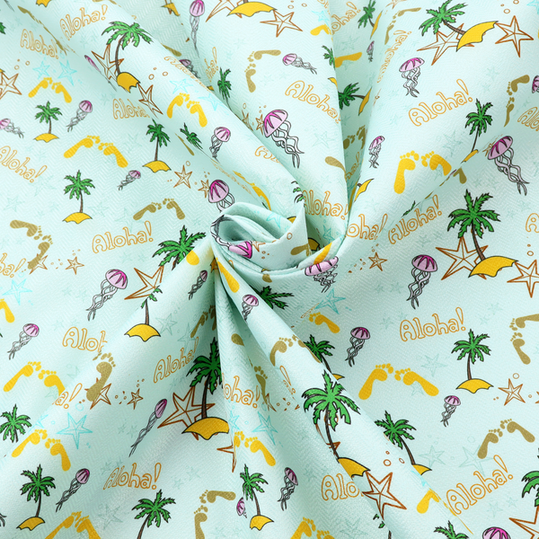 Tropical-themed pattern fabric with palm trees, jellyfish, and 'Aloha!' text on a light blue background.