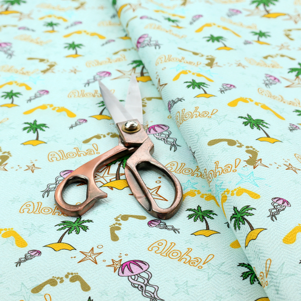 Tropical-themed pattern fabric with palm trees, jellyfish, and 'Aloha!' text on a light blue background.