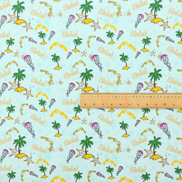 Tropical-themed pattern fabric with palm trees, jellyfish, and 'Aloha!' text on a light blue background.