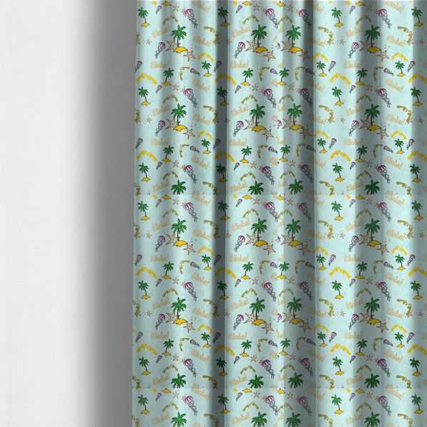 The fabric used to create these made-to-measure curtains is a tropical-themed pattern fabric with palm trees, jellyfish, and 'Aloha!' text on a light blue background.