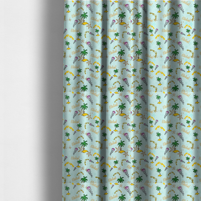 The fabric used to create these made-to-measure curtains is a tropical-themed pattern fabric with palm trees, jellyfish, and 'Aloha!' text on a light blue background.