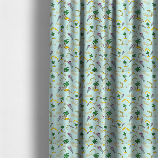 The fabric used to create these made-to-measure curtains is a tropical-themed pattern fabric with palm trees, jellyfish, and 'Aloha!' text on a light blue background.