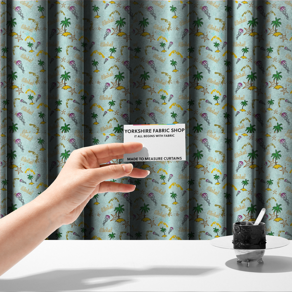 The fabric used to create these made-to-measure curtains is a tropical-themed pattern fabric with palm trees, jellyfish, and 'Aloha!' text on a light blue background.