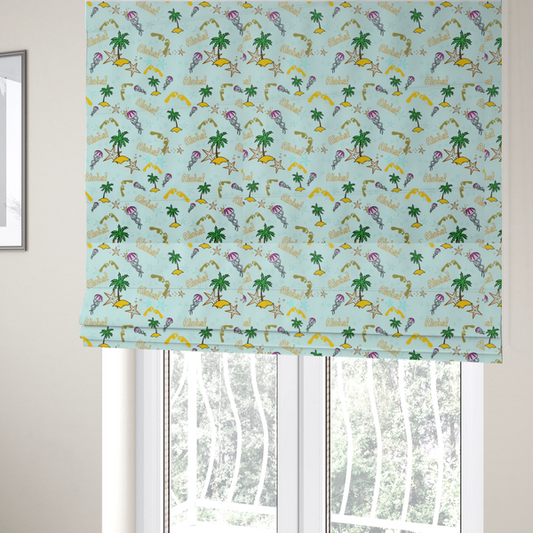 The fabric used to create these Roman blinds is a tropical-themed pattern fabric with palm trees, jellyfish, and 'Aloha!' text on a light blue background.