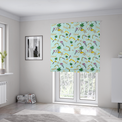 The fabric used to create these Roman blinds is a tropical-themed pattern fabric with palm trees, jellyfish, and 'Aloha!' text on a light blue background.