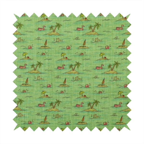 Green fabric with a repeating beach pattern featuring islands, palm trees, and beach balls.