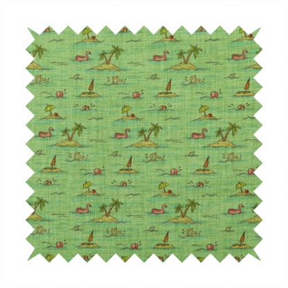 Green fabric with a repeating beach pattern featuring islands, palm trees, and beach balls.