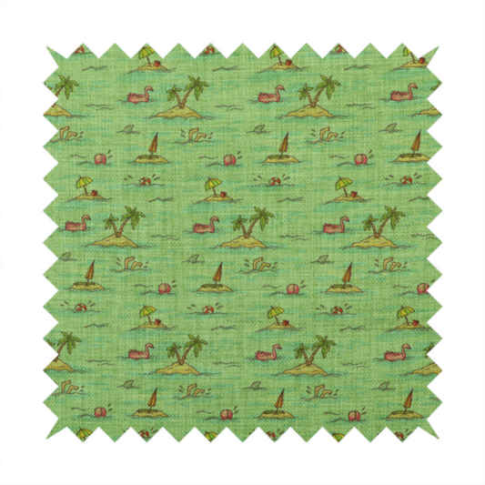 Green fabric with a repeating beach pattern featuring islands, palm trees, and beach balls.