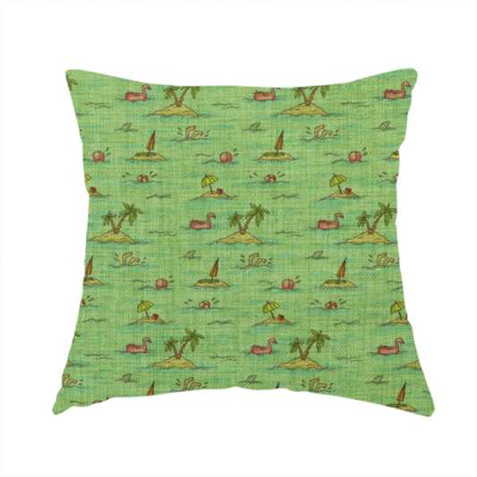 The fabric used to create this handmade cushion is a green fabric with a repeating beach pattern featuring islands, palm trees, and beach balls.