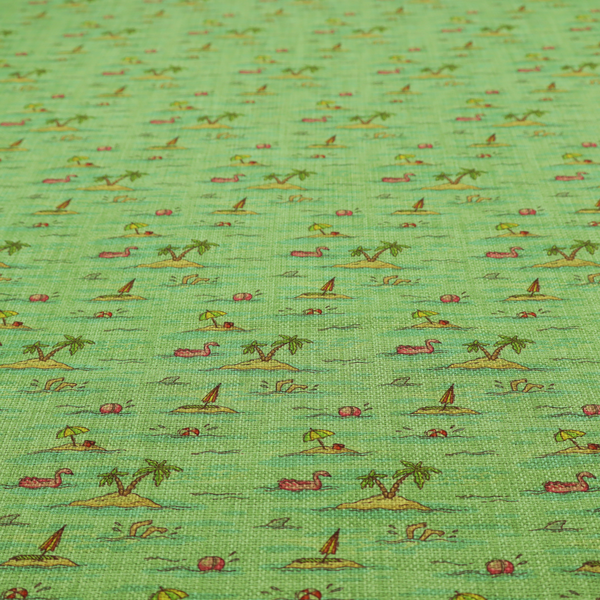 Green fabric with a repeating beach pattern featuring islands, palm trees, and beach balls.