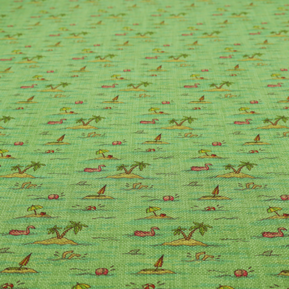 Green fabric with a repeating beach pattern featuring islands, palm trees, and beach balls.