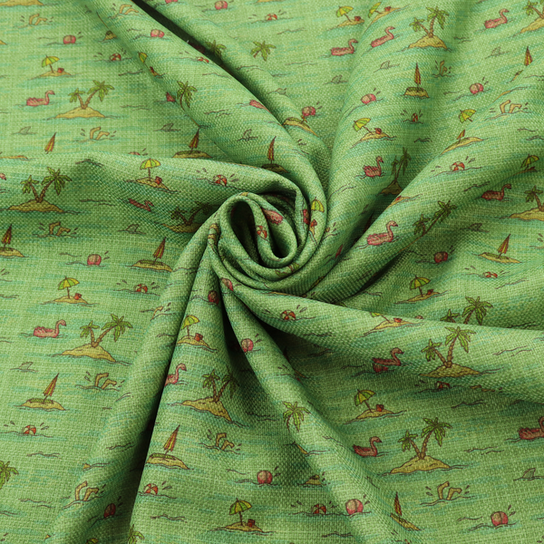 Green fabric with a repeating beach pattern featuring islands, palm trees, and beach balls.