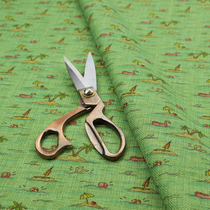 Green fabric with a repeating beach pattern featuring islands, palm trees, and beach balls.