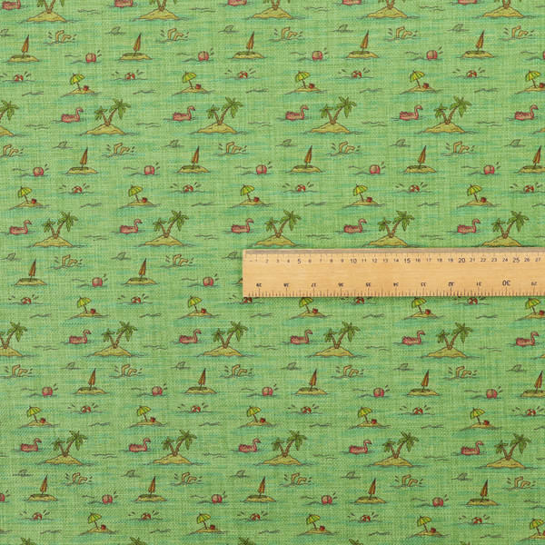 Green fabric with a repeating beach pattern featuring islands, palm trees, and beach balls.