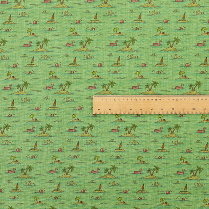 Green fabric with a repeating beach pattern featuring islands, palm trees, and beach balls.