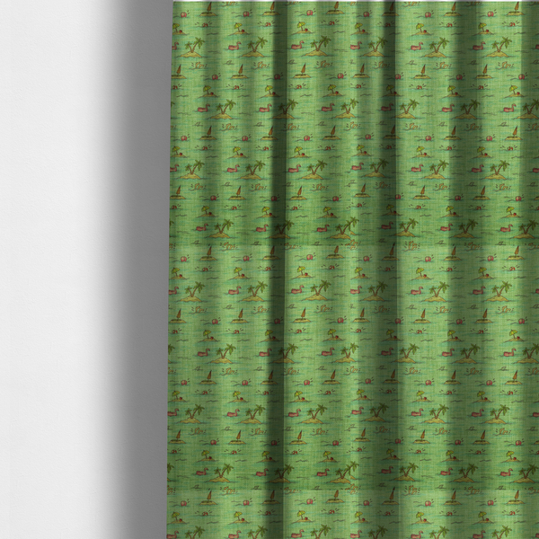 The fabric used to create these made-to-measure curtains is a green fabric with a repeating beach pattern featuring islands, palm trees, and beach balls.