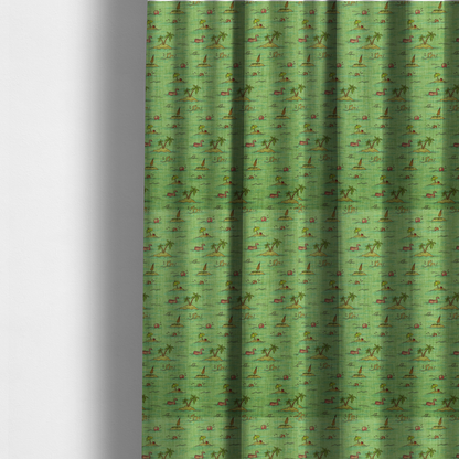 The fabric used to create these made-to-measure curtains is a green fabric with a repeating beach pattern featuring islands, palm trees, and beach balls.