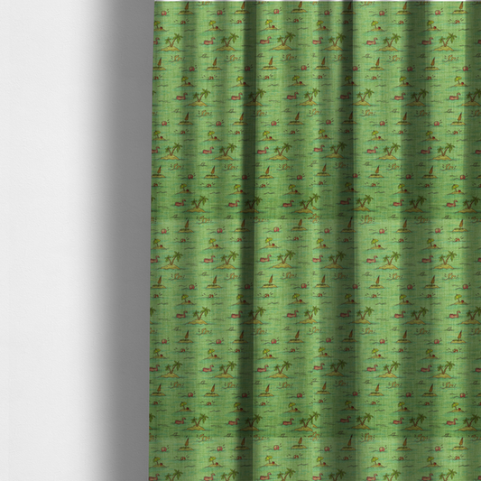 The fabric used to create these made-to-measure curtains is a green fabric with a repeating beach pattern featuring islands, palm trees, and beach balls.