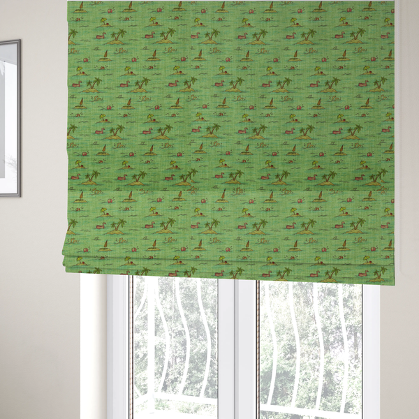 The fabric used to create these Roman blinds is a green fabric with a repeating beach pattern featuring islands, palm trees, and beach balls.