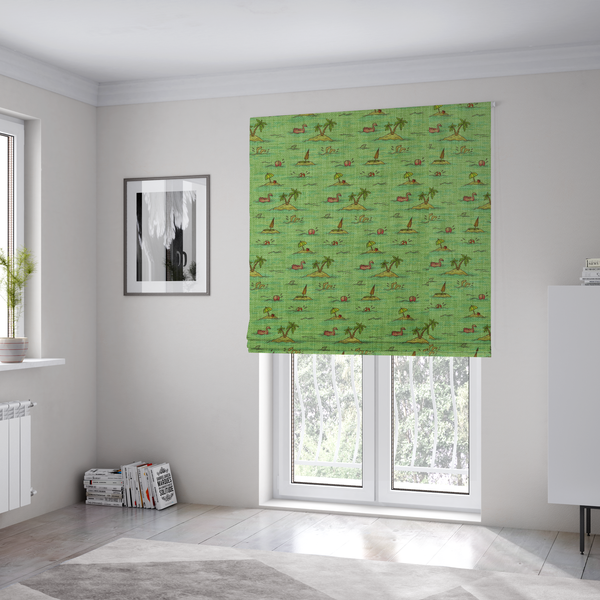 The fabric used to create these Roman blinds is a green fabric with a repeating beach pattern featuring islands, palm trees, and beach balls.