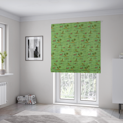 The fabric used to create these Roman blinds is a green fabric with a repeating beach pattern featuring islands, palm trees, and beach balls.