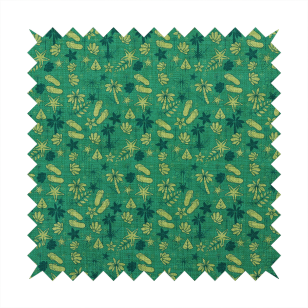 A repeating tropical-themed pattern on textured teal fabric featuring yellow-green flip-flops, seashells, starfish, and tiny palm trees.
