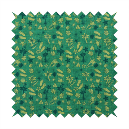 A repeating tropical-themed pattern on textured teal fabric featuring yellow-green flip-flops, seashells, starfish, and tiny palm trees.