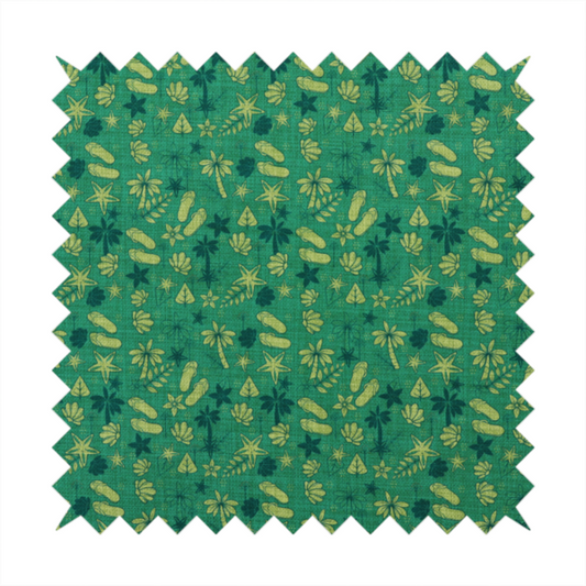 A repeating tropical-themed pattern on textured teal fabric featuring yellow-green flip-flops, seashells, starfish, and tiny palm trees.