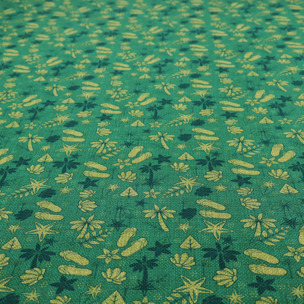 A repeating tropical-themed pattern on textured teal fabric featuring yellow-green flip-flops, seashells, starfish, and tiny palm trees.