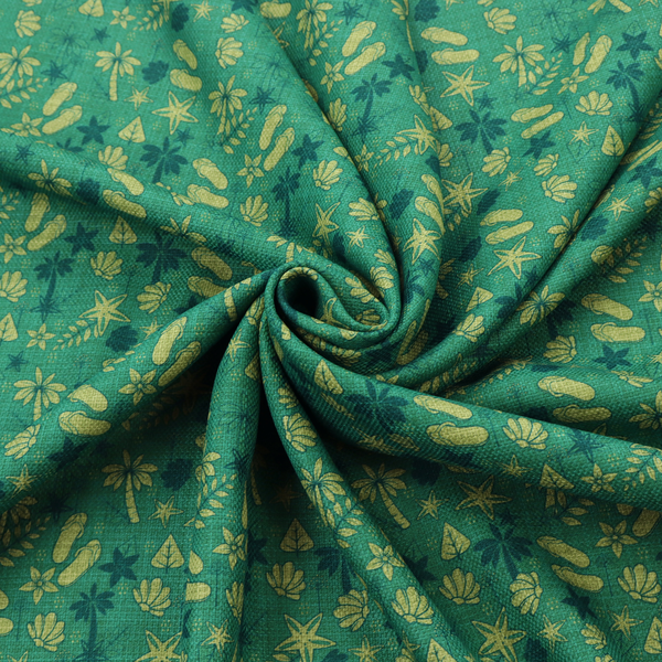 A repeating tropical-themed pattern on textured teal fabric featuring yellow-green flip-flops, seashells, starfish, and tiny palm trees.