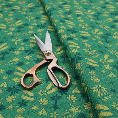 A repeating tropical-themed pattern on textured teal fabric featuring yellow-green flip-flops, seashells, starfish, and tiny palm trees.