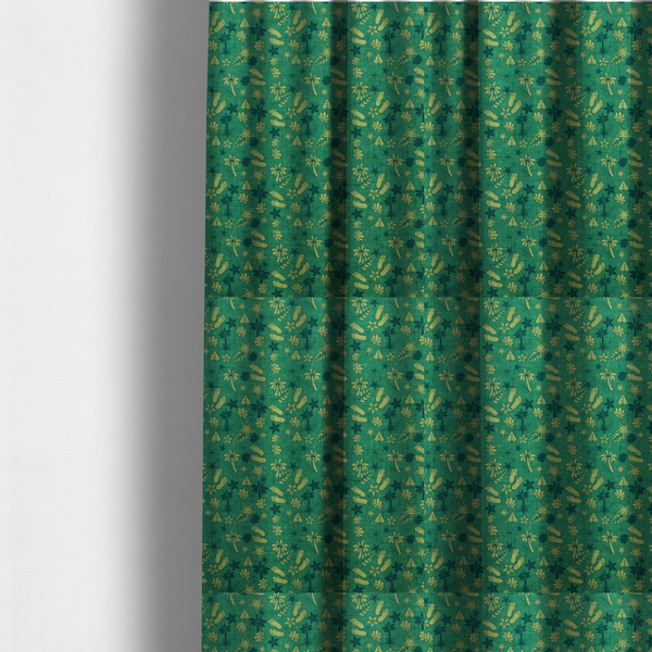 The fabric used to create these made-to-measure curtains is a repeating tropical-themed pattern on textured teal fabric featuring yellow-green flip-flops, seashells, starfish, and tiny palm trees.