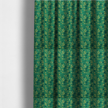 The fabric used to create these made-to-measure curtains is a repeating tropical-themed pattern on textured teal fabric featuring yellow-green flip-flops, seashells, starfish, and tiny palm trees.