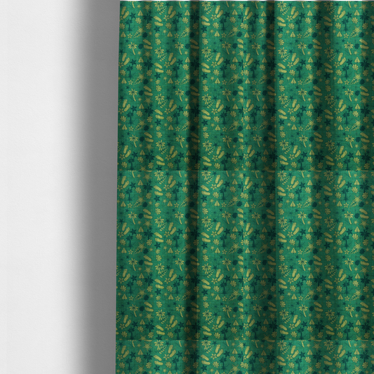 The fabric used to create these made-to-measure curtains is a repeating tropical-themed pattern on textured teal fabric featuring yellow-green flip-flops, seashells, starfish, and tiny palm trees.