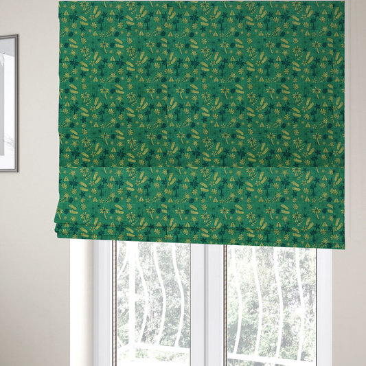The fabric used to create these Roman blinds is a repeating tropical-themed pattern on textured teal fabric featuring yellow-green flip-flops, seashells, starfish, and tiny palm trees.