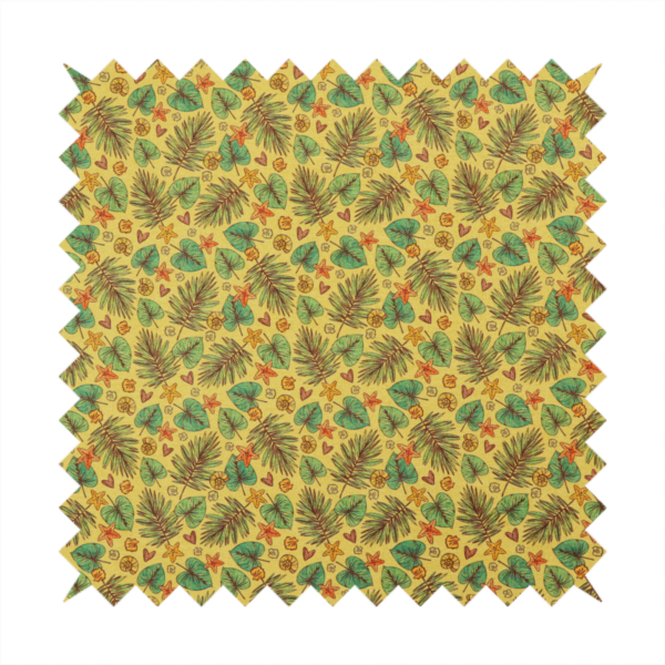 A dense, repeating tropical print on a yellow background featuring green palm fronds, heart-shaped leaves, orange starfish, and tiny sea shells.