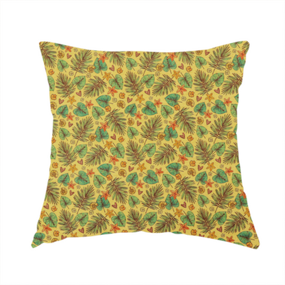 The fabric used to create this handmade cushion is a dense, repeating tropical print on a yellow background featuring green palm fronds, heart-shaped leaves, orange starfish, and tiny sea shells.
