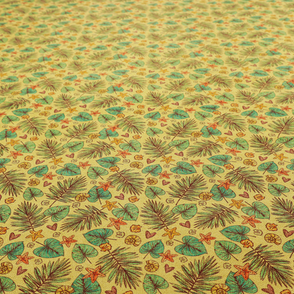A dense, repeating tropical print on a yellow background featuring green palm fronds, heart-shaped leaves, orange starfish, and tiny sea shells.