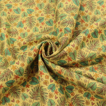 A dense, repeating tropical print on a yellow background featuring green palm fronds, heart-shaped leaves, orange starfish, and tiny sea shells.