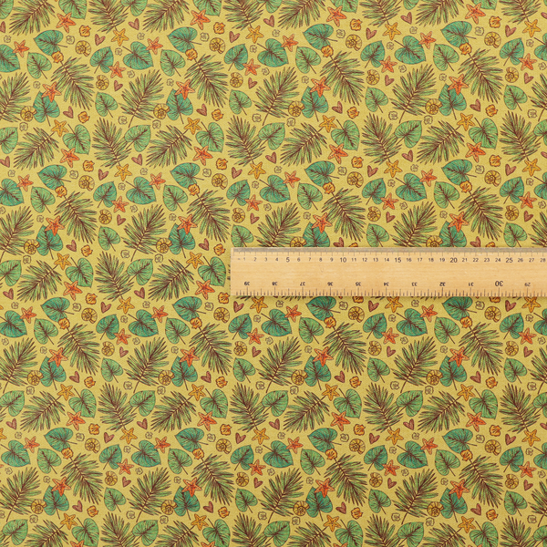 A dense, repeating tropical print on a yellow background featuring green palm fronds, heart-shaped leaves, orange starfish, and tiny sea shells.