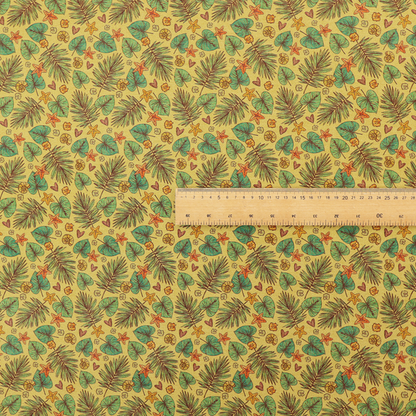A dense, repeating tropical print on a yellow background featuring green palm fronds, heart-shaped leaves, orange starfish, and tiny sea shells.