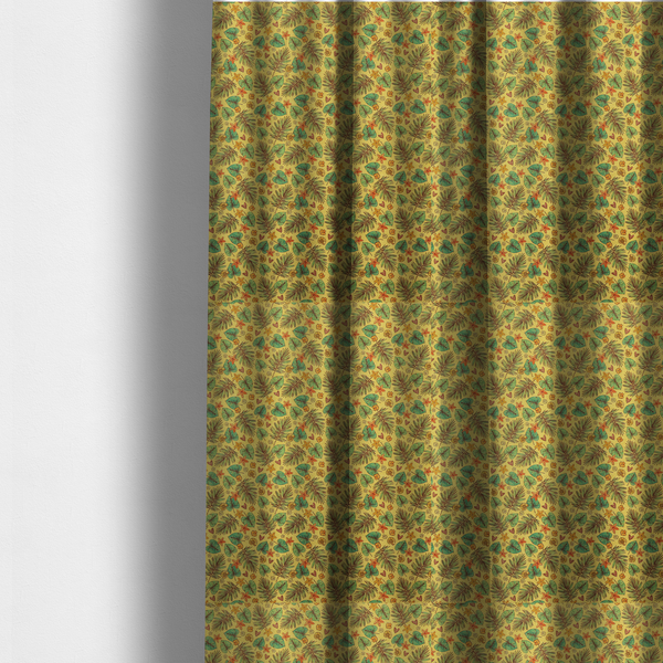 The fabric used to create these made-to-measure curtains is a dense, repeating tropical print on a yellow background featuring green palm fronds, heart-shaped leaves, orange starfish, and tiny sea shells.