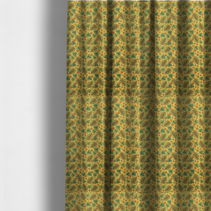 The fabric used to create these made-to-measure curtains is a dense, repeating tropical print on a yellow background featuring green palm fronds, heart-shaped leaves, orange starfish, and tiny sea shells.