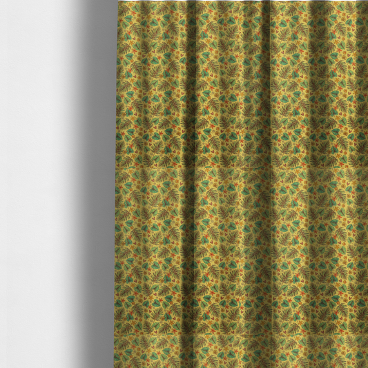 The fabric used to create these made-to-measure curtains is a dense, repeating tropical print on a yellow background featuring green palm fronds, heart-shaped leaves, orange starfish, and tiny sea shells.