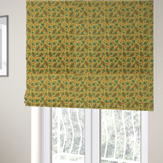 The fabric used to create these Roman blinds is a dense, repeating tropical print on a yellow background featuring green palm fronds, heart-shaped leaves, orange starfish, and tiny sea shells.