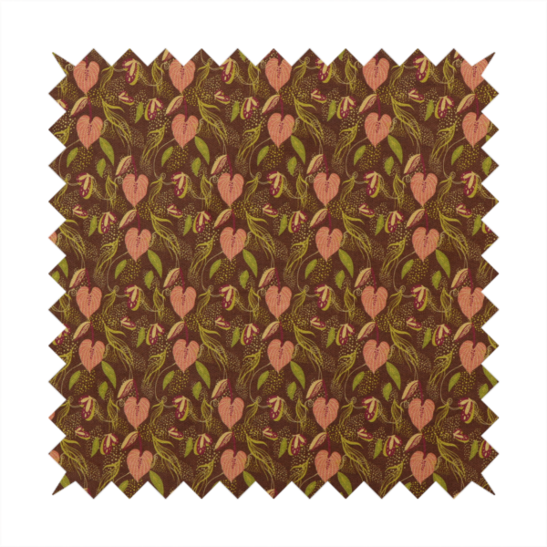 A brown upholstery fabric featuring a repeating pattern of pink heart-shaped leaves, green foliage, and delicate botanical details.