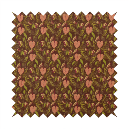 A brown upholstery fabric featuring a repeating pattern of pink heart-shaped leaves, green foliage, and delicate botanical details.