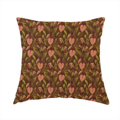 The fabric used to create this handmade cushion is a brown upholstery fabric featuring a repeating pattern of pink heart-shaped leaves, green foliage, and delicate botanical details.