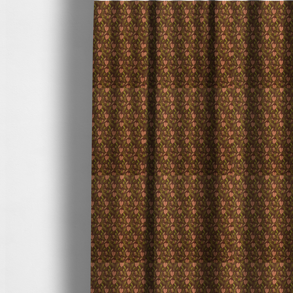 The fabric used to create these made-to-measure curtains is a brown upholstery fabric featuring a repeating pattern of pink heart-shaped leaves, green foliage, and delicate botanical details.