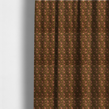 The fabric used to create these made-to-measure curtains is a brown upholstery fabric featuring a repeating pattern of pink heart-shaped leaves, green foliage, and delicate botanical details.